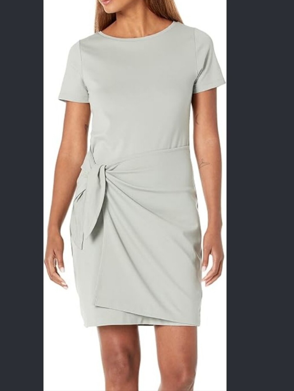 Club Monaco Tie-Waist Short Sleeve Dress in Light Gray/Green